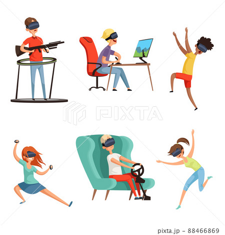 Virtual reality characters. VR helmet Funny peoples gaming virtual headset glasses video gamers. mascot design in cartoon style 88466869