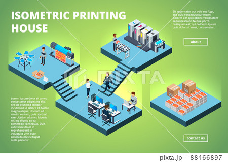 Printing house building. Industrial print production office interior inkjet offset publishing machines copier printer isometric 88466897