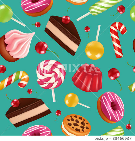 Sweets seamless pattern. Candy cupcake holiday lollipops and cream cake with cherry fruits colorful pattern 88466937