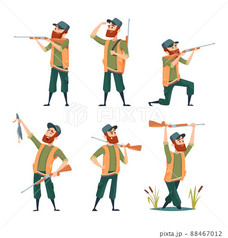 Cartoon hunters. Various characters of hunters at action poses 88467012