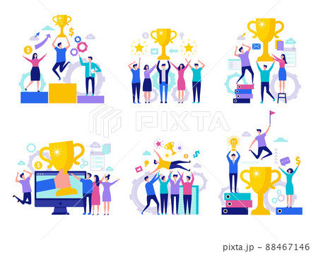 Business victory concept. Successful happy finance managers director winning rewards team with cups characters 88467146