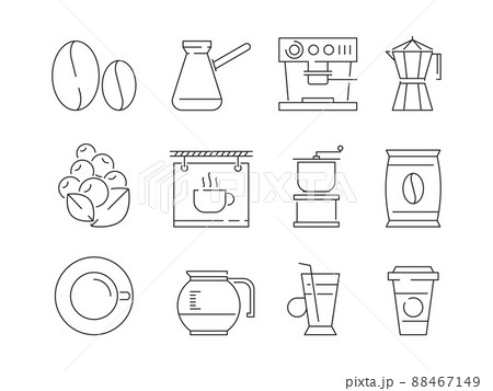 Coffee time icon. Tea and hot drinks mugs editing food machine irish coffee linear thin symbols 88467149