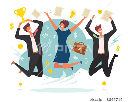 Business victory concept. Winning jumping happy peoples male and female team place flat characters background Business victory concept. Winning jumping happy peoples male and female team place flat characters background 88467164