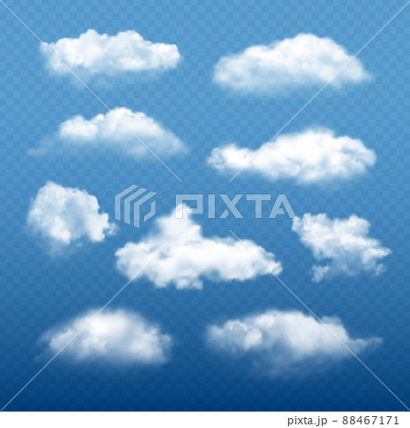 Cloudy sky realistic. Beautiful white clouds condensation collection weather elements 88467171