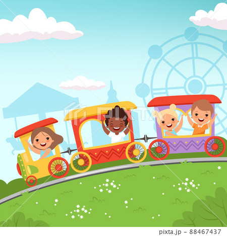 Roller coaster kids. Attraction children riding in amusement park cartoon action background 88467437