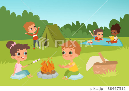 Kids summer camp background with children characters and camping elements 88467512