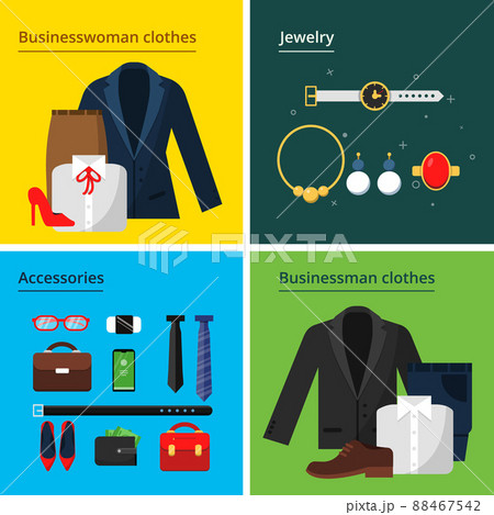 Business clothes. Male and female office wardrobe business style skirt suit jacket hat bag and self items concept illustration 88467542