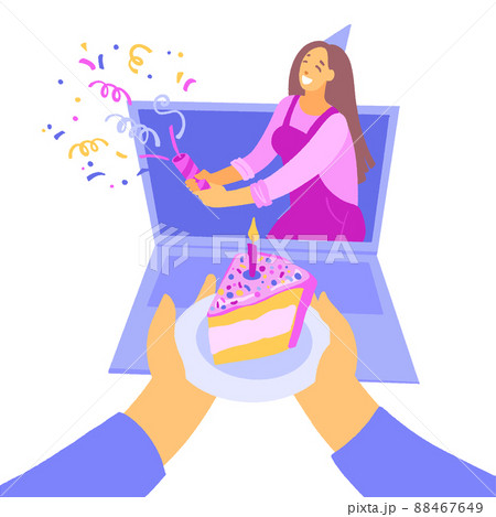 Friends celebrating birthday congratulations on the screen of the laptop. Friends celebrating birthday congratulations on the screen of the laptop. 88467649