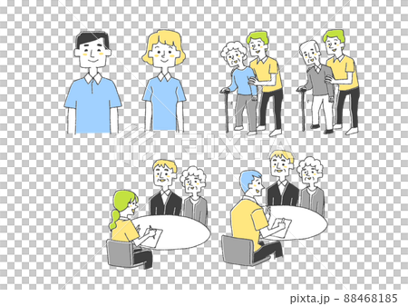 介護士やケアマネージャーに関するイラストセット　コミカルな手書きの人物　ベクター、線画にカラー 88468185