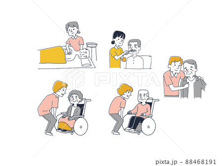 介護士のお仕事のイラストセット コミカルな手書きの人物 ベクター、線画にカラー 介護士のお仕事のイラストセット コミカルな手書きの人物 ベクター、線画にカラー 88468191