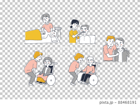 介護士のお仕事のイラストセット コミカルな手書きの人物 ベクター、線画にカラー 介護士のお仕事のイラストセット コミカルな手書きの人物 ベクター、線画にカラー 88468191