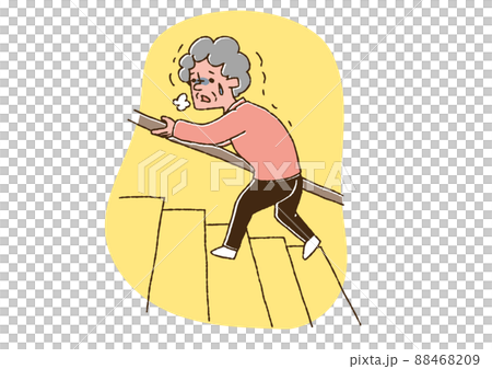 一個爬樓梯困難的老婦人，一個滑稽的手寫人，矢量圖，線條畫和顏色 88468209