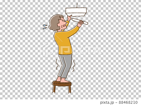 電灯の電球を変えるのが大変な高齢女性　コミカルな手書きの人物　ベクター、線画にカラー 88468210