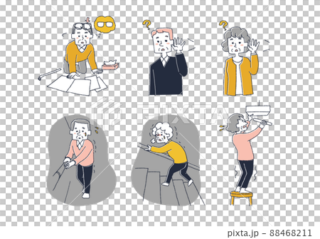 A set of various problems that occur in the elderly, a comical handwritten person, a vector, a line drawing and a color 88468211