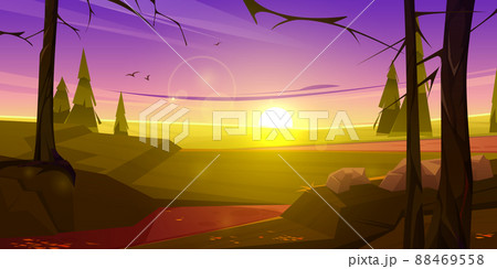 Cartoon nature landscape green field, sunset sky Cartoon nature landscape green field, sunset sky 88469558