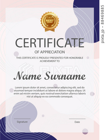 Certificate of appreciation template, gold and blue color. Clean modern certificate with gold badge 88469885