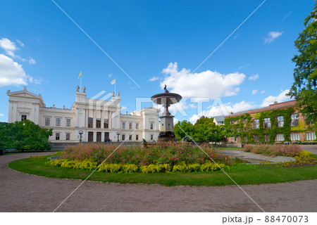 Lund University main building and fountain built in 1882, University Royal Caroline Academy, Lund in the province of Scania, Sweden 88470073