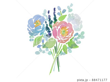 水彩画。水彩タッチで描いたポピーと薔薇のイラスト。カラフルな水彩花束イラスト。 水彩画。水彩タッチで描いたポピーと薔薇のイラスト。カラフルな水彩花束イラスト。 88471177
