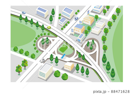 高速道路とインターチェンジ付近の風景のイラスト素材