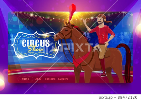 Shapito circus vector landing page with cartoon horse rider acrobat on circus stage, carnival top tent bleachers, audience and lights. Carnival amusement show website template with retro marquee sign 88472120