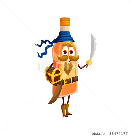 Cartoon mezcal pirate personage. Isolated vector bottle of rum, pulque or Mexican tequila buccaneer character. Alcohol drink glass flask filibuster wear bandana holding saber and treasure chest 88472177