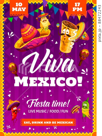 Mexican fiesta party flyer or poster with cartoon mexican jalapeno and chili peppers, chimichanga funny characters. Holiday celebration party with mexican traditional fast food, music and sombrero hat Mexican fiesta party flyer or poster with cartoon mexican jalapeno and chili peppers, chimichanga funny characters. Holiday celebration party with mexican traditional fast food, music and sombrero hat 88472243