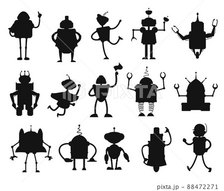 Robots and droids silhouettes of artificial intelligence toys. Isolated vector black robots, bots, droids and cyborgs with antennas on heads, spring legs, wheels and manipulator arms, AI technologies Robots and droids silhouettes of artificial intelligence toys. Isolated vector black robots, bots, droids and cyborgs with antennas on heads, spring legs, wheels and manipulator arms, AI technologies 88472271