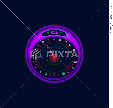 Futuristic car speedometer or gauge dial, neon LED speed meter, vector dashboard. Car speedometer and digital, auto technology interface, speed counter or tachometer indicators panel on glow display 88472275