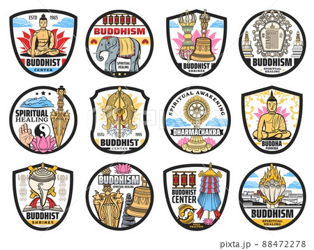 Buddhism religious icons, sacral symbols and spiritual center emblems. Buddha in lotus, elephant and goldfishes, Kila knife, Vajra and bell, kalachakra, dharma wheel, conch shell and victory banner 88472278