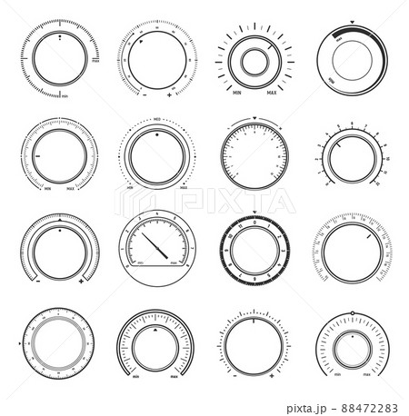 Volume round knob switch, music sound controls, vector interface regulators and dials. Volume level buttons in thin line for music player app or tuner sound UI, min and max round knob controls Volume round knob switch, music sound controls, vector interface regulators and dials. Volume level buttons in thin line for music player app or tuner sound UI, min and max round knob controls 88472283