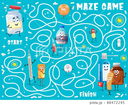 Kids labyrinth maze worksheet of cartoon vector drugs, ointment, pill and medication characters. Find right way labyrinth game, educational puzzle or quiz with funny adhesive plaster and thermometer 88472295