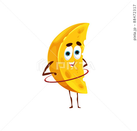 Cheese character with a hula hoop doing sport exercises, vector rhythmic gymnastics, fitness or aerobics. Cartoon athletic dairy food emoji, piece of swiss cheese with holes twirling hula hoop 88472317