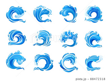 Tsunami ocean wave and surf icons. Isolated blue storm sea waves, cartoon vector crashing ocean tidal waves, hurricane or typhoon sea splashes with water foam, aqua swirls, drops and ripple Tsunami ocean wave and surf icons. Isolated blue storm sea waves, cartoon vector crashing ocean tidal waves, hurricane or typhoon sea splashes with water foam, aqua swirls, drops and ripple 88472318