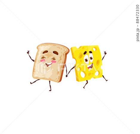 Cartoon toast bread and cheese characters, funny food friends. Bread and cheese sandwich cute vector personages holding by hands and laughing together, happy food and snacks Cartoon toast bread and cheese characters, funny food friends. Bread and cheese sandwich cute vector personages holding by hands and laughing together, happy food and snacks 88472330