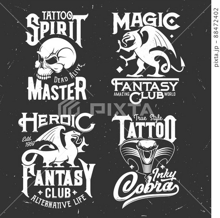 Tattoo master salon, fantasy club t-shirt print template. Human skull, fairy tale dragon or griffin silhouette and cobra snake engraved vector. Tattoo studio emblem, magic club apparel custom print Tattoo master salon, fantasy club t-shirt print template. Human skull, fairy tale dragon or griffin silhouette and cobra snake engraved vector. Tattoo studio emblem, magic club apparel custom print 88472402