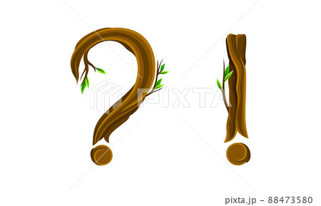 Question and exclamation marks made of branches and leaves. Eco typography symbols vector illustration Question and exclamation marks made of branches and leaves. Eco typography symbols vector illustration 88473580