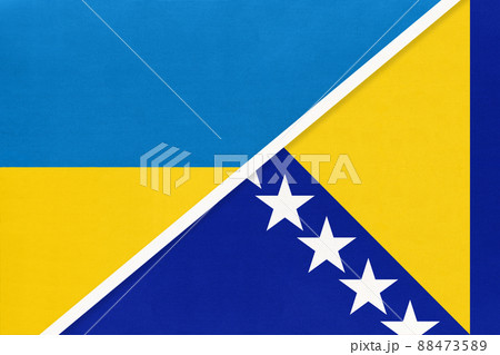Ukraine and Bosnia and Herzegovina,, symbol of country. Ukrainian vs Bosnian national flags. Ukraine and Bosnia and Herzegovina,, symbol of country. Ukrainian vs Bosnian national flags. 88473589