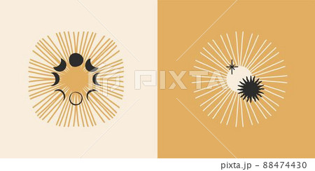 Hand drawn vector abstract stock flat graphic illustration set with logo element,bohemian astrology magic minimalistic emblem of mystic sun and moon phases silhouettes,simple style for branding. 88474430