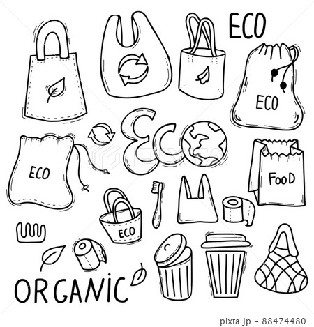 Ecology concept. No plastic,organic, eco friendly approach, trash cans and planet earth, paper and eco bags. Set of linear icons style vector illustration doodle drawing isolated on white background. Ecology concept. No plastic,organic, eco friendly approach, trash cans and planet earth, paper and eco bags. Set of linear icons style vector illustration doodle drawing isolated on white background. 88474480