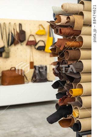 Material for creating handmade production at leather workshop. Storage organization at tannery 88474621
