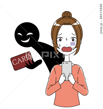 スマホを持った女性と黒い人影のカードの不正利用のイメージイラストのイラスト素材 4746