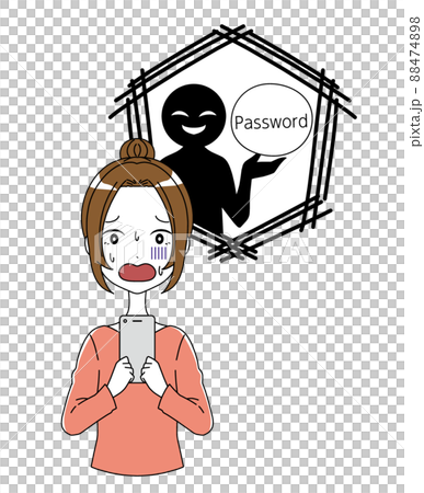 一個女人的插圖與一個智能手機和一個黑色的人物與密碼被採取 一個女人的插圖與一個智能手機和一個黑色的人物與密碼被採取 88474898