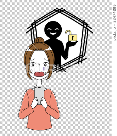 一個女人用智能手機和一個黑色人物的插圖,上面有一把打開的鑰匙,其安全性已被破壞 一個女人用智能手機和一個黑色人物的插圖,上面有一把打開的鑰匙,其安全性已被破壞 88474899