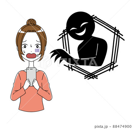 スマホを持った女性と黒い人影の危険なイメージのイラスト スマホを持った女性と黒い人影の危険なイメージのイラスト 88474900