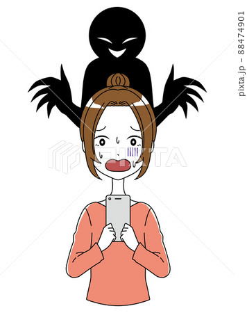 スマホを持った女性と黒い人影の危険なイメージのイラスト スマホを持った女性と黒い人影の危険なイメージのイラスト 88474901
