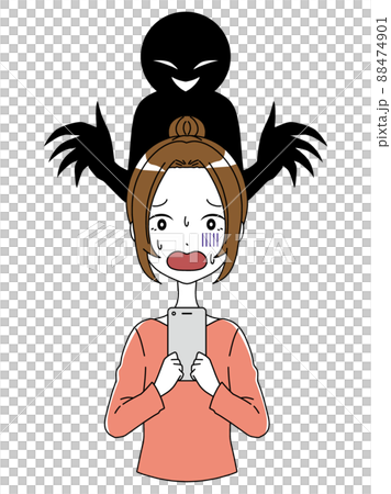 スマホを持った女性と黒い人影の危険なイメージのイラスト スマホを持った女性と黒い人影の危険なイメージのイラスト 88474901
