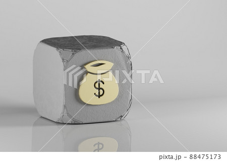 Money Bag icon. Beautiful Golden symbol icons on a beton cube and white ceramic background. 3d rendering illustration. Background pattern for design. 88475173