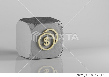 Coins icon. Beautiful Golden symbol icons on a beton cube and white ceramic background. 3d rendering illustration. Background pattern for design. Coins icon. Beautiful Golden symbol icons on a beton cube and white ceramic background. 3d rendering illustration. Background pattern for design. 88475176