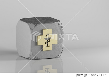 Pharmacy icon. Beautiful Golden symbol icons on a beton cube and white ceramic background. 3d rendering illustration. Background pattern for design. 88475177