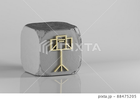 Music Stand icon. Beautiful Golden music symbol icons on a beton cube and white ceramic background. 3d rendering illustration. Background pattern for design. Music Stand icon. Beautiful Golden music symbol icons on a beton cube and white ceramic background. 3d rendering illustration. Background pattern for design. 88475205